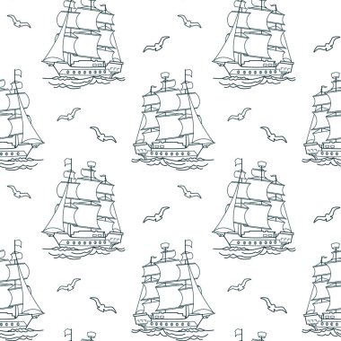 Kusursuz desen, mavi deniz gemisi, fırkateyn, beyaz arka planda martıları olan karavan. Deniz arkaplanı, çizgi sanatı, vektör