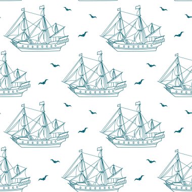Kusursuz desen, mavi deniz gemisi, fırkateyn, beyaz arka planda martıları olan karavan. Deniz arkaplanı, çizgi sanatı, vektör
