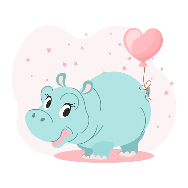 Niedliche Karikatur Baby Nilpferd Mit Herzförmigen Ballon Baby Illustration Grußkarte — Stockvektor
