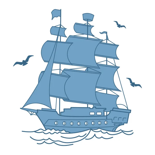 stock vector Blue sea ship, frigate, caravel with seagulls. Sea illustration, transport, vector