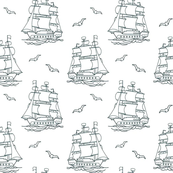 Kusursuz desen, mavi deniz gemisi, fırkateyn, beyaz arka planda martıları olan karavan. Deniz arkaplanı, çizgi sanatı, vektör