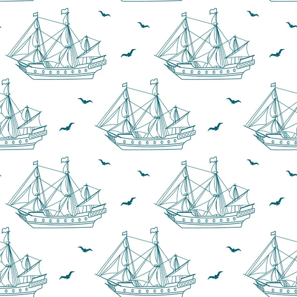 Kusursuz desen, mavi deniz gemisi, fırkateyn, beyaz arka planda martıları olan karavan. Deniz arkaplanı, çizgi sanatı, vektör