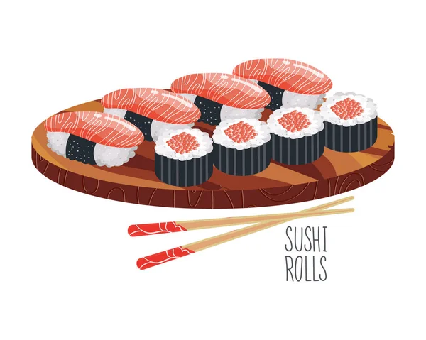 Sushi Rola Uma Bandeja Madeira Com Pauzinhos Ícone Comida Asiática — Vetor de Stock