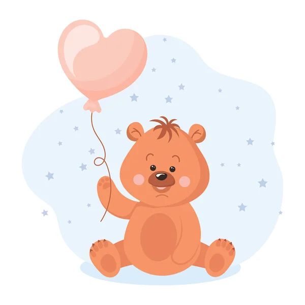 Cute Cartoon Teddy Bear Heart Shaped Balloon Baby Illustration Greeting — Stock Vector