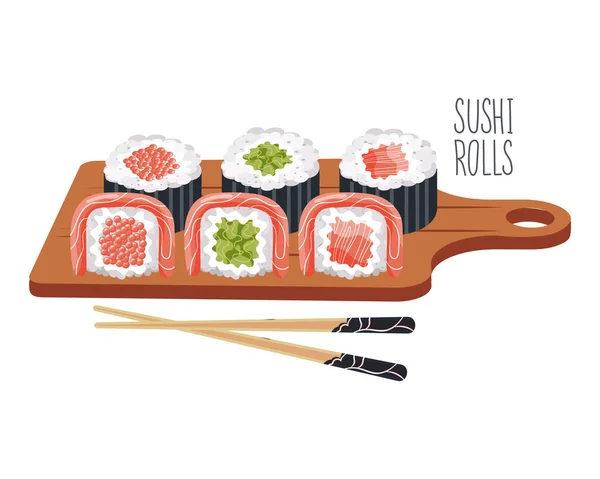 Rollos Sushi Una Bandeja Madera Con Palillos Icono Comida Asiática — Vector de stock