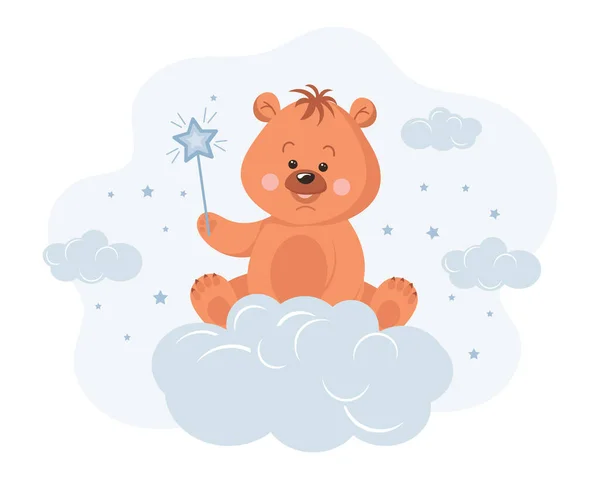 Roztomilý Kreslený Medvídek Hvězdou Mraku Dětská Ilustrace Pohlednice Vektor — Stockový vektor
