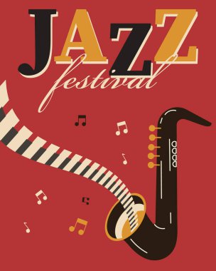 Uluslararası Caz Günü için poster, Caz Festivali. Piyano tuşları ve notaları olan bir saksafon. Retro poster, afiş, vektör