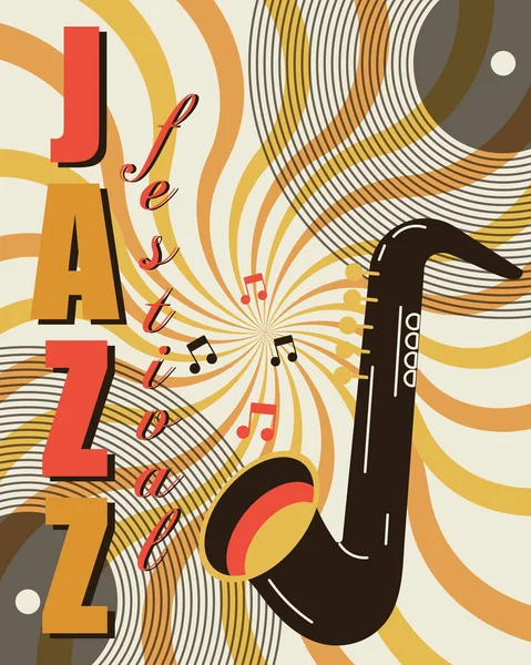 国际爵士音乐日 爵士音乐节海报 萨克斯风与钢琴键和音符 复古海报 — 图库矢量图片