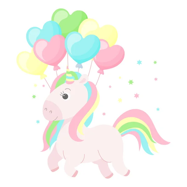 Cute Unicorn Rainbow Mane Tail Heart Balloons Children Magic Illustration — Stock Vector