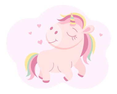 Gökkuşağı yeleli ve gökkuşağı kuyruklu sevimli sihirli tek boynuzlu at. Bebek çizimi, kartpostal, vektör