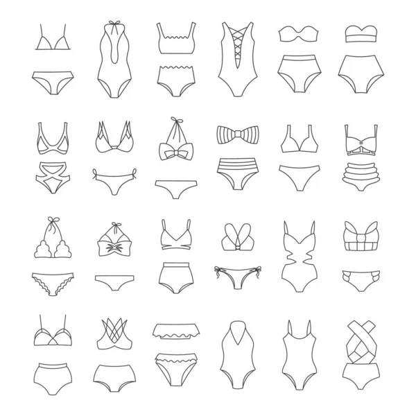 Linienzeichnungen Von Damenbadebekleidung Badeanzüge Bikini Auf Weißem Hintergrund Ikonen Der — Stockvektor