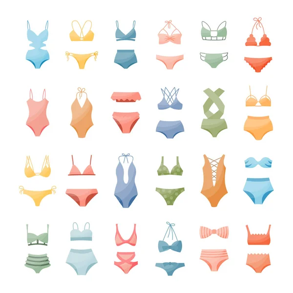 Set Damesbikini Zwemkleding Zwemkleding Een Witte Achtergrond Iconen Voor Vrouwenkleding — Stockvector