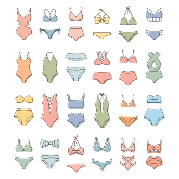 Linienzeichnungen Von Damenbadebekleidung Badeanzüge Bikini Auf Weißem Hintergrund Ikonen Der — Stockvektor