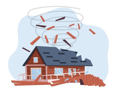 Yıkılmış ev. Kasırga, kasırga, deprem. Doğal afet kavramı. Görüntü, vektör
