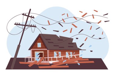 Yıkılmış ev. Kasırga, kasırga, deprem. Doğal afet kavramı. Görüntü, vektör