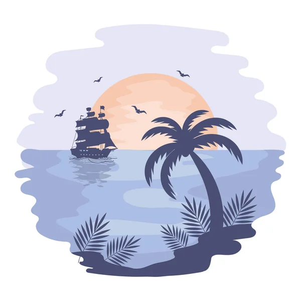 Seascape Západ Slunce Tropickém Moři Fregatou Palmou Racky Akvarelovém Pozadí — Stockový vektor