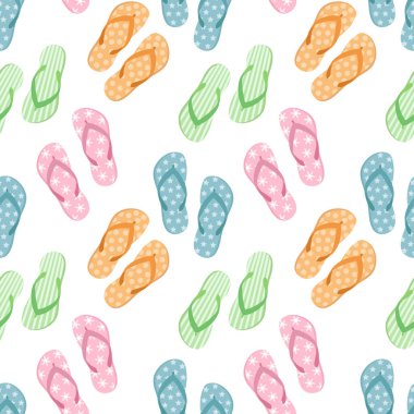 Renkli parmak arası terlikleri ve beyaz arka planda yaz terlikleri olan kusursuz bir desen. Havuz ayakkabıları arka plan, yazdırma, vektör