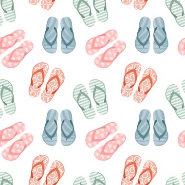 Renkli parmak arası terlikleri ve beyaz arka planda yaz terlikleri olan kusursuz bir desen. Havuz ayakkabıları arka plan, yazdırma, vektör