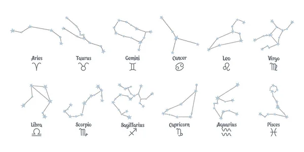 Ensemble Constellations Zodiaque Signes Dans Style Doodle Avec Des Étoiles — Image vectorielle