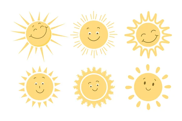 Set Von Niedlichen Cartoon Sonnen Sonnige Emojis Für Kinder Lächelnde — Stockvektor
