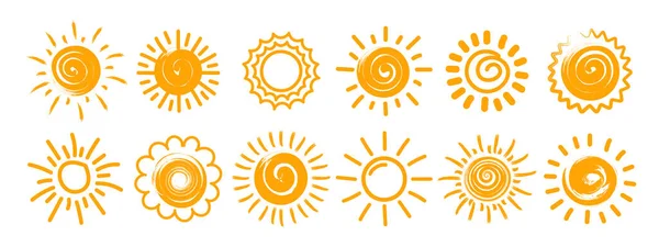 Niedliche Sun Doodle Kollektion Set Von Symbolen Handgezeichneten Stil Sonnensymbole — Stockvektor