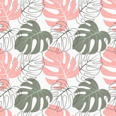Renkli ve ana hatları tropik canavar yapraklarıyla kusursuz bir desen. Pastel renkler. Yazdırma, tekstil, şablon, vektör