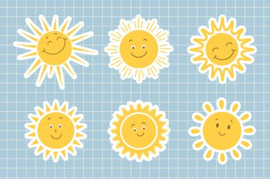 Bir dizi sevimli çizgi film karakteri güneşi. Arkaplanda çocukların güneşli simge koleksiyonu var. Tasarım ögeleri, çıkartmalar, yazdırma