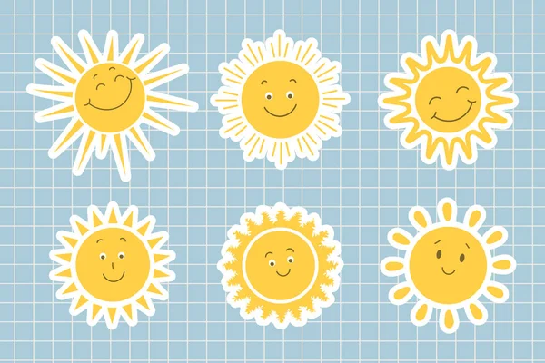 Set Von Niedlichen Zeichentrickfiguren Sonnen Sonnige Emoticon Kollektion Für Kinder — Stockvektor