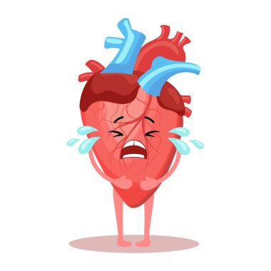 Sevimli çizgi film ağlayan sağlıksız insan kalbi karakteri. İnsan anatomisi, tıbbi konsept. Resim, simge, vektör