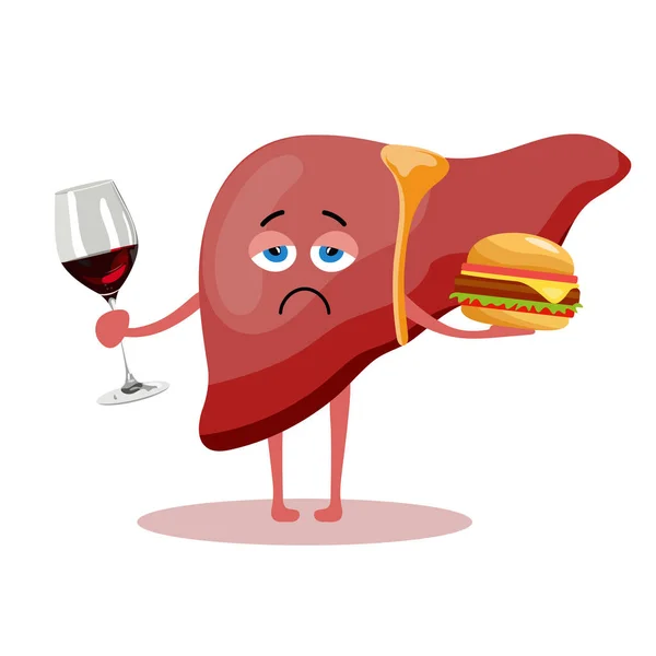 Lindo Personaje Dibujos Animados Hígado Humano Poco Saludable Con Alcohol — Vector de stock