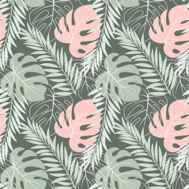 Renkli ve hatları tropikal canavar yapraklarıyla kusursuz desen. Pastel renkler. Yazdırma, arkaplan, tekstil, şablon, vektör