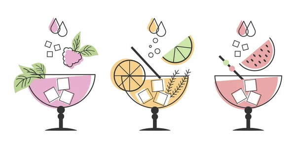 Set Linear Drawings Refreshing Fruit Cocktails Different Drinks Ice Cubes — Stock Vector