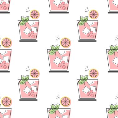 Kusursuz desen, beyaz arka planda canlandırıcı meyve kokteylleri. İçki arkaplanı, tekstil