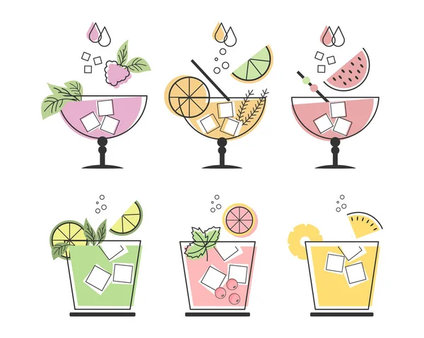 Conjunto Dibujos Lineales Refrescantes Cócteles Frutas Con Diferentes Bebidas Cubitos — Archivo Imágenes Vectoriales
