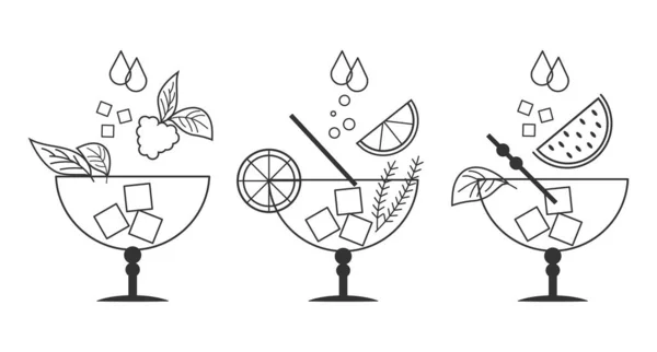 Linienzeichnungen Von Erfrischenden Cocktails Mit Eiswürfeln Strohhalmen Und Regenschirmen Auf — Stockvektor