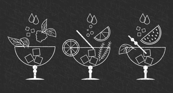 Set Weißer Grunge Zeichnungen Erfrischender Cocktails Mit Eiswürfeln Strohhalmen Und — Stockvektor