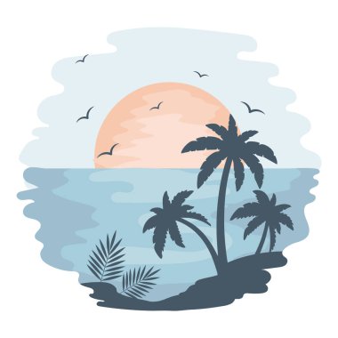 Deniz manzarası, tropikal denizde gün batımı palmiye ağaçları ve suluboya arka planda martılar. Resim, simge, vektör