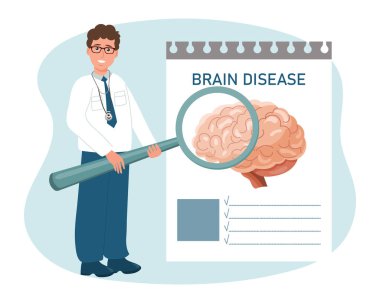 Büyüteci olan bir erkek doktor beyin ve psikolojik hastalıkları araştırıyor. Bilim ve tıp kavramı. Vektör