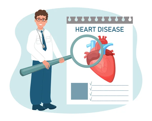 Manlig Läkare Med Förstoringsglas Undersöker Mänskliga Hjärtsjukdomar Kardiologi Sjukvårdskoncept Vektor — Stock vektor