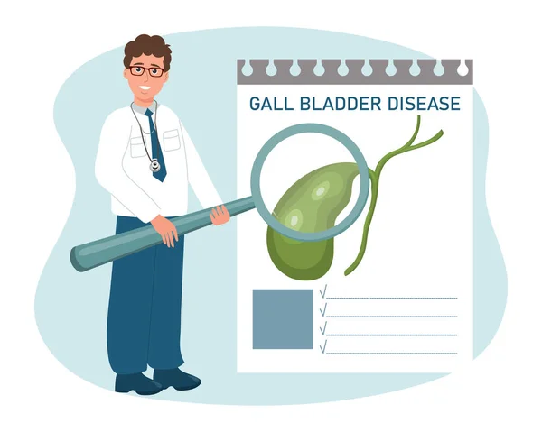 stock vector A male doctor with a magnifying glass examines diseases of the gallbladder, digestive system. The concept of science and medicine. Vector