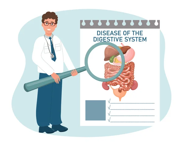 Médecin Masculin Avec Une Loupe Examine Les Maladies Système Digestif — Image vectorielle