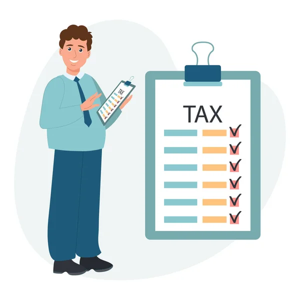 税金申告図 性格男性は税計算のための書類を準備し 所得税を申告し ビジネス請求書を計算する 税制上の概念 ベクトル — ストックベクタ