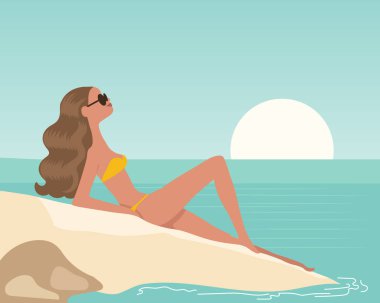 Seescape, sahilde ve denizde martıları olan genç bir kadın. Tatil ve seyahat illüstrasyonu, vektör