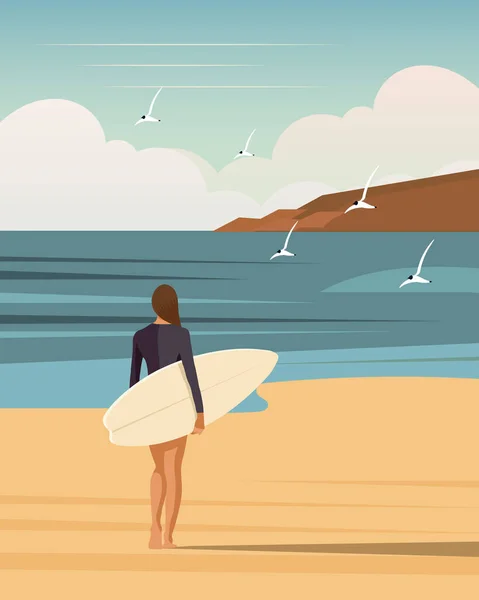 Surfermädchen Strand Mit Einem Surfbrett Vor Der Kulisse Einer Meereslandschaft — Stockvektor