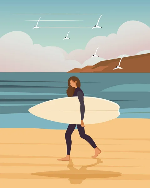 Surfermädchen Strand Mit Einem Surfbrett Vor Der Kulisse Einer Meereslandschaft — Stockvektor