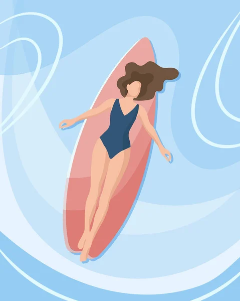 Chica Surfista Una Mujer Yace Una Tabla Surf Mar Concepto — Archivo Imágenes Vectoriales