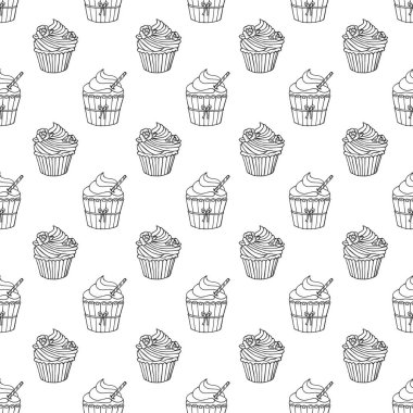 Kusursuz desenli, beyaz arka planda elle çizilmiş kapkek. Kutlama baskısı, kafe menüsü arkaplanı, vektör