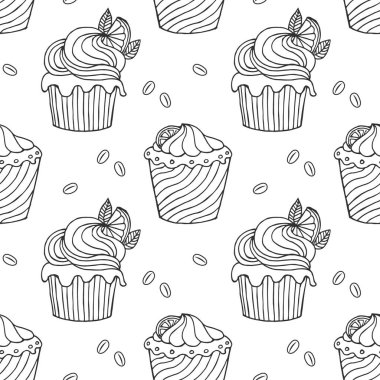 Kusursuz desen, el çizimi kekler ve kahve çekirdekleri. Yazdır, kafe menüsü arkaplanı, vektör