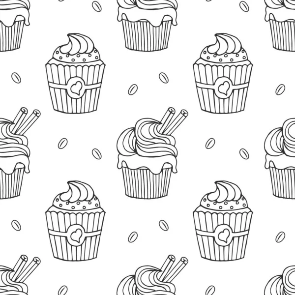 Patrón Sin Costuras Cupcakes Dibujados Mano Granos Café Imprimir Fondo — Archivo Imágenes Vectoriales