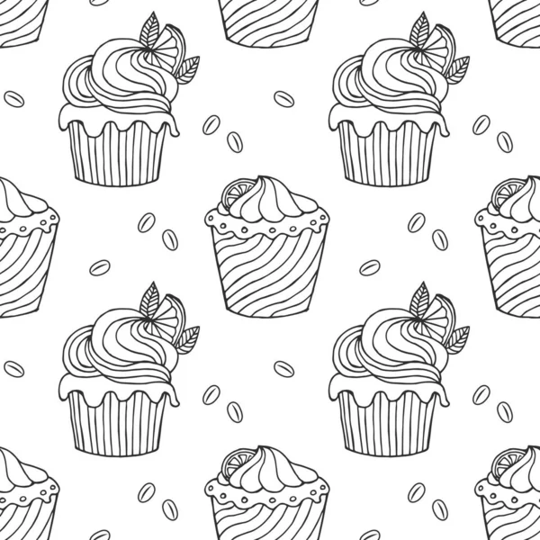 Modèle Sans Couture Dessin Main Contour Cupcakes Grains Café Imprimer — Image vectorielle